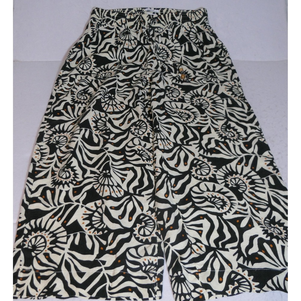 Nicole Miller Womens Linen Pants L Black Ivory Abstract Boho Wide Leg Coastal